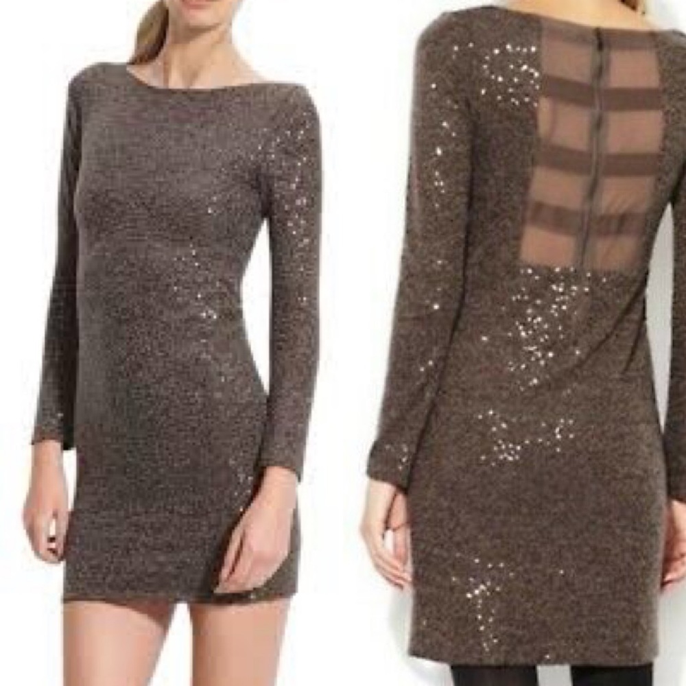 Alice and Olivia Chocolate Sequin Mesh Back Cocktail Dress